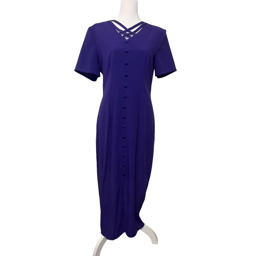 Kathie Lee Collection Vintage Purple Dress Faux Button Front Back Zip Size‎ 12